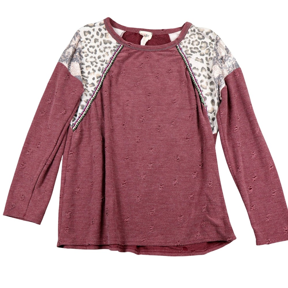 BiB! Distressed Leopard Snake Print Raglan Long Sleeve Burgundy M‎ Vintage Y2K
